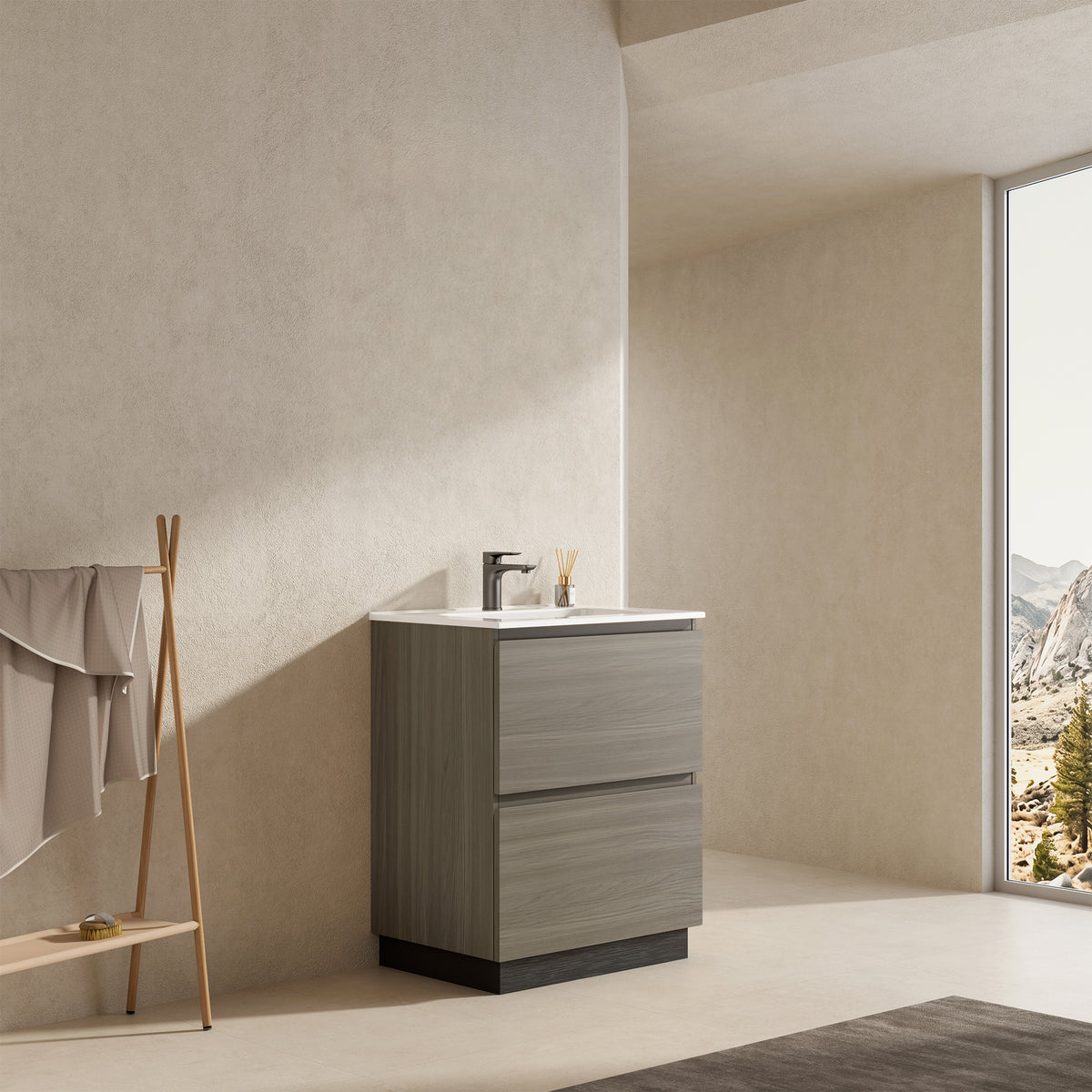 Mobile bagno a Terra 60 cm Beige Lavabo in Ceramica Senza Specchio - Nube Wood