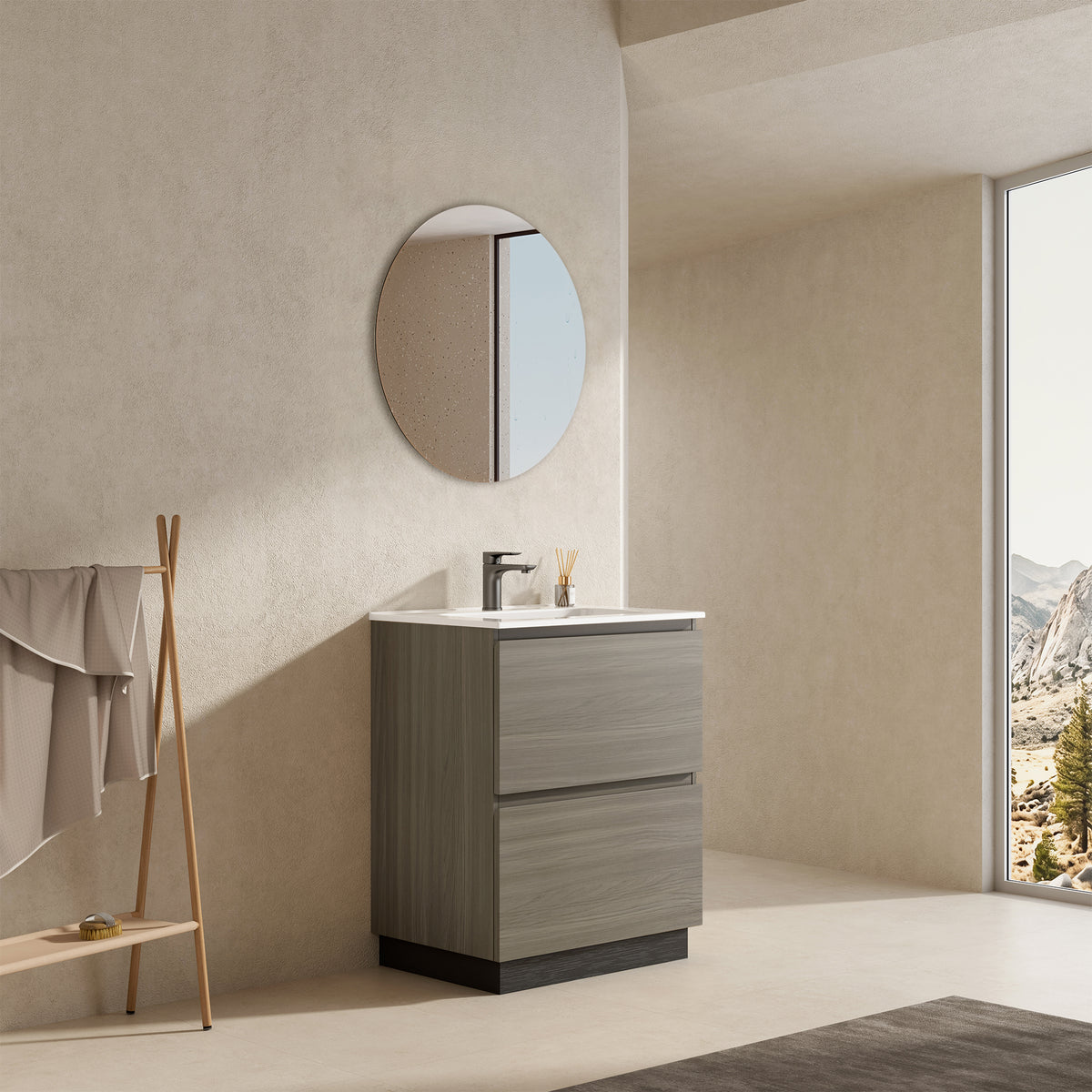 Mobile bagno a Terra 60 cm Beige Lavabo in Ceramica Specchio Tondo - Nube Wood