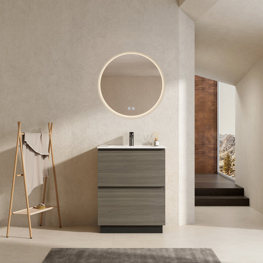 Mobile bagno a Terra 60 cm Beige Lavabo in Ceramica Specchio Quadro - Nube Wood