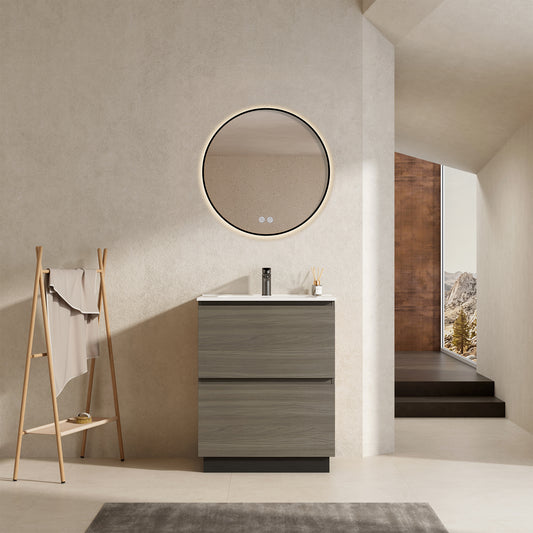 Mobile bagno a Terra 60 cm Beige Lavabo in Ceramica Specchio Tondo Retroilluminato Profilo Nero - Nube Wood