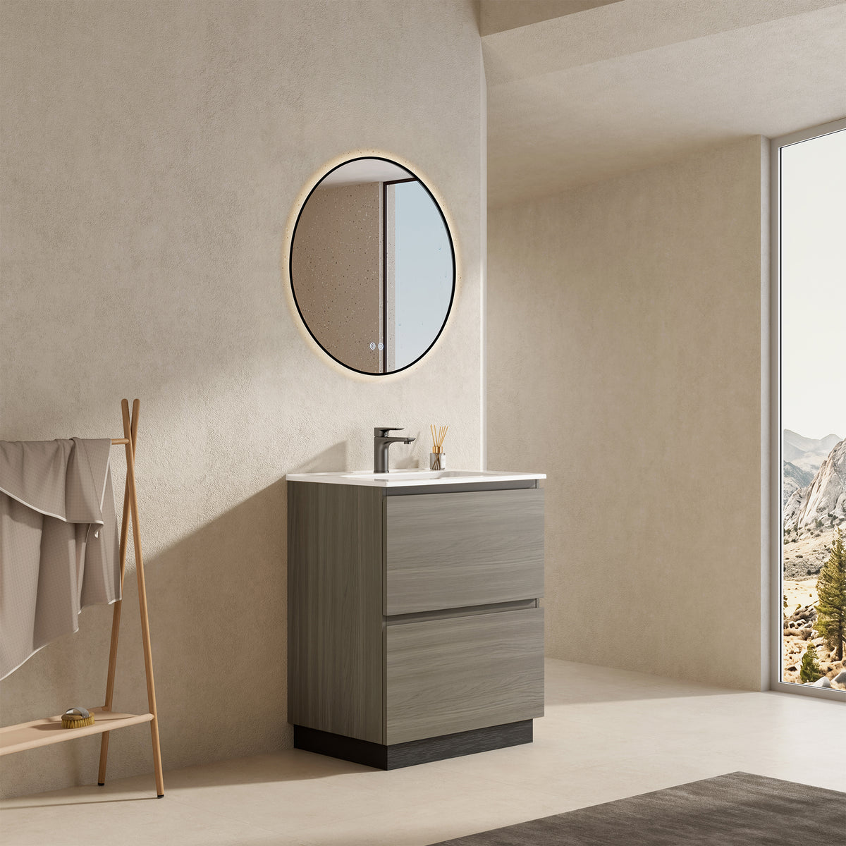 Mobile bagno a Terra 60 cm Beige Lavabo in Ceramica Specchio Tondo Retroilluminato Profilo Nero - Nube Wood