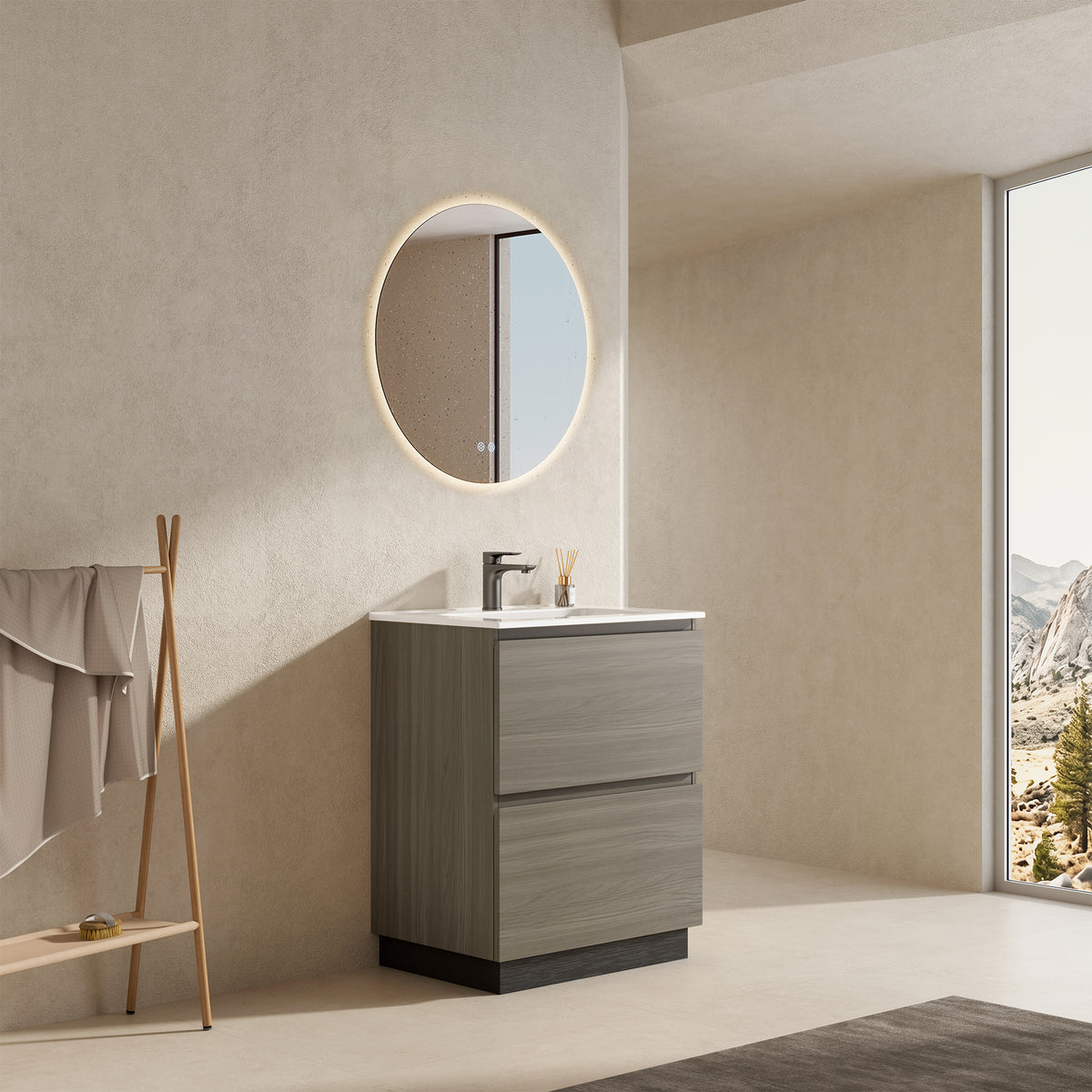 Mobile bagno a Terra 60 cm Beige Lavabo in Ceramica Specchio Quadro - Nube Wood