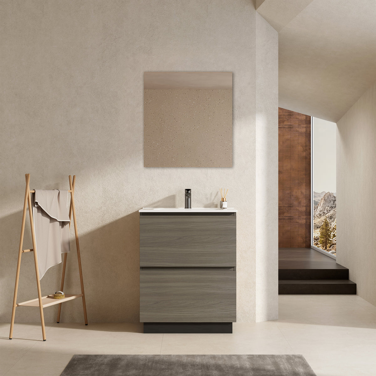 Mobile bagno a Terra 60 cm Beige Lavabo in Ceramica Specchio Tondo Retroilluminato - Nube Wood