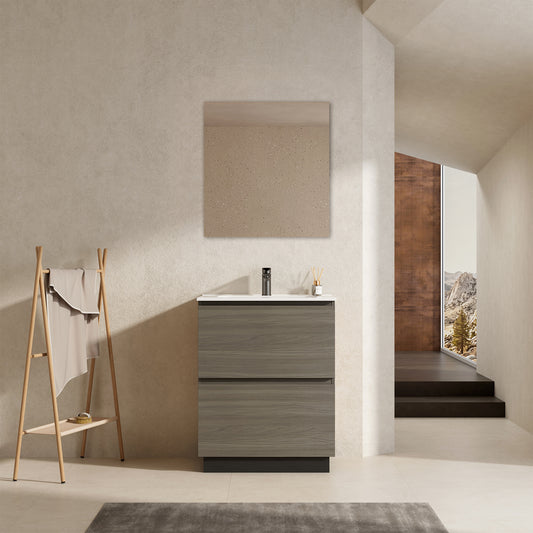 Mobile bagno a Terra 60 cm Beige Lavabo in Ceramica Specchio Tondo Retroilluminato - Nube Wood