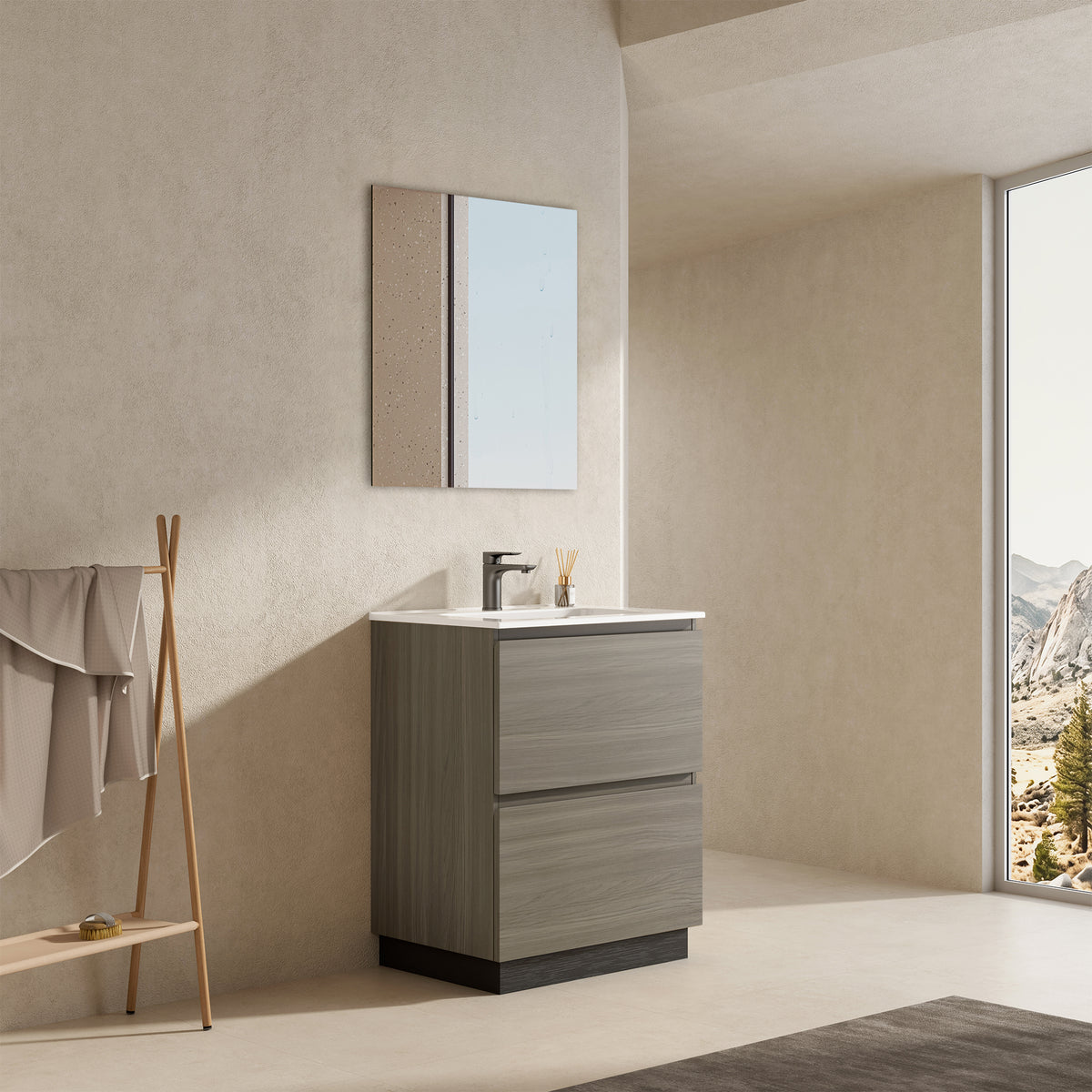 Mobile bagno a Terra 60 cm Beige Lavabo in Ceramica Specchio Tondo Retroilluminato - Nube Wood