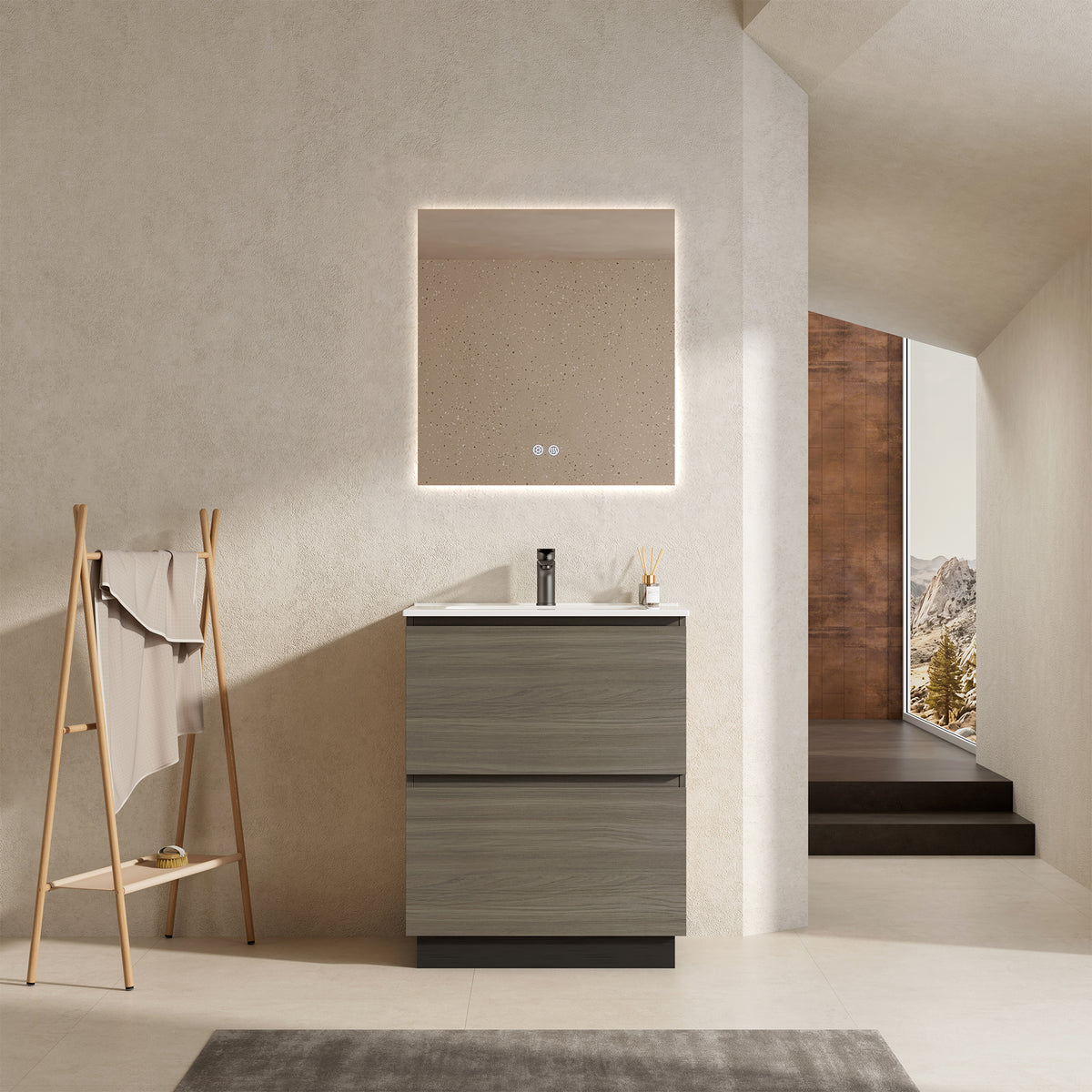 Mobile bagno a Terra 60 cm Beige Lavabo in Ceramica Specchio Quadro Retroilluminato - Nube Wood