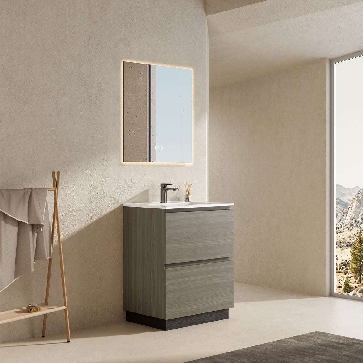 Mobile bagno a Terra 60 cm Beige Lavabo in Ceramica Specchio Quadro Retroilluminato - Nube Wood