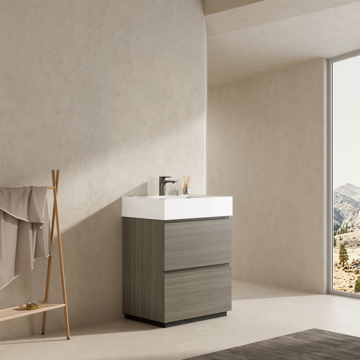 Mobile bagno a Terra 60 cm Beige Lavabo in Resina Senza Specchio - Nube Wood