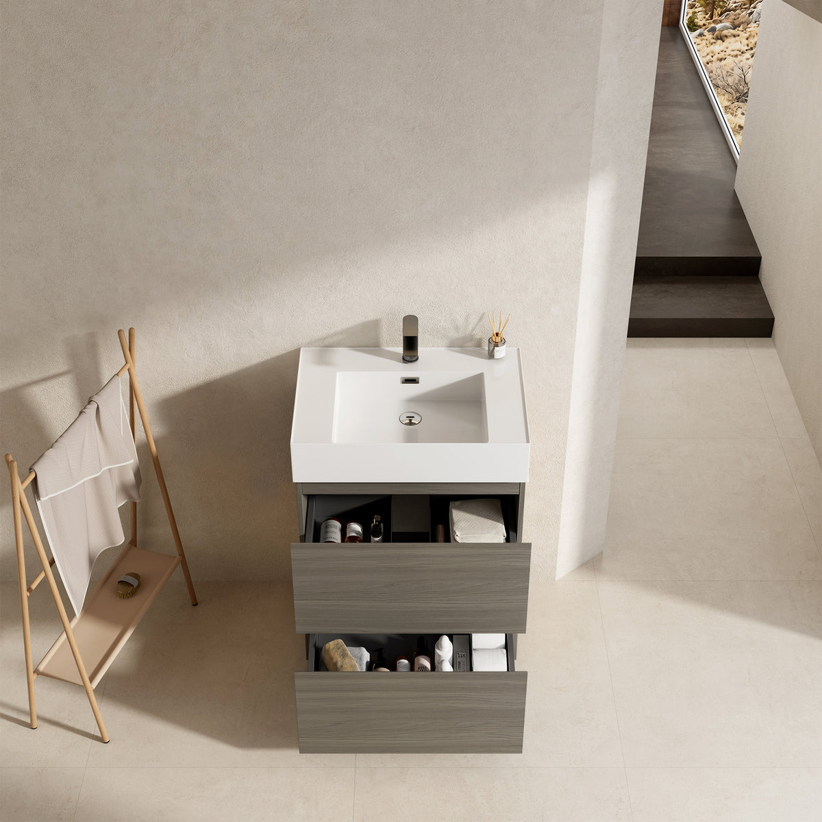 Mobile bagno a Terra 60 cm Beige Lavabo in Resina Senza Specchio - Nube Wood