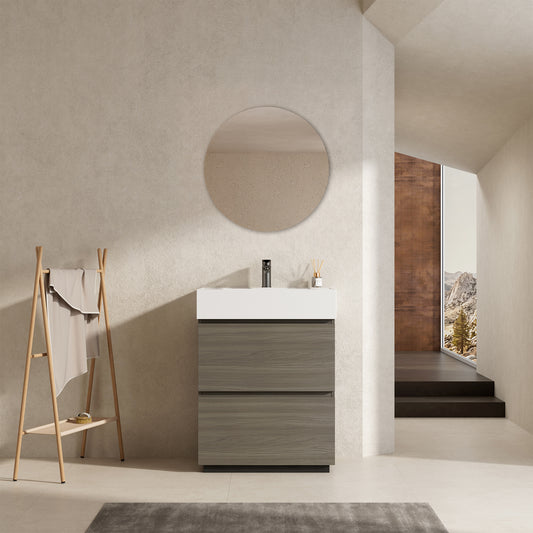 Mobile bagno a Terra 60 cm Beige Lavabo in Resina Specchio Tondo - Nube Wood