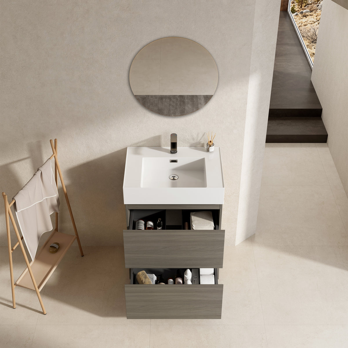 Mobile bagno a Terra 60 cm Beige Lavabo in Resina Specchio Tondo - Nube Wood