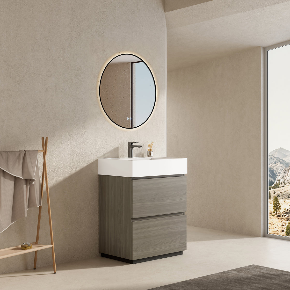 Mobile bagno a Terra 60 cm Beige Lavabo in Resina Specchio Tondo Retroilluminato Profilo Nero - Nube Wood