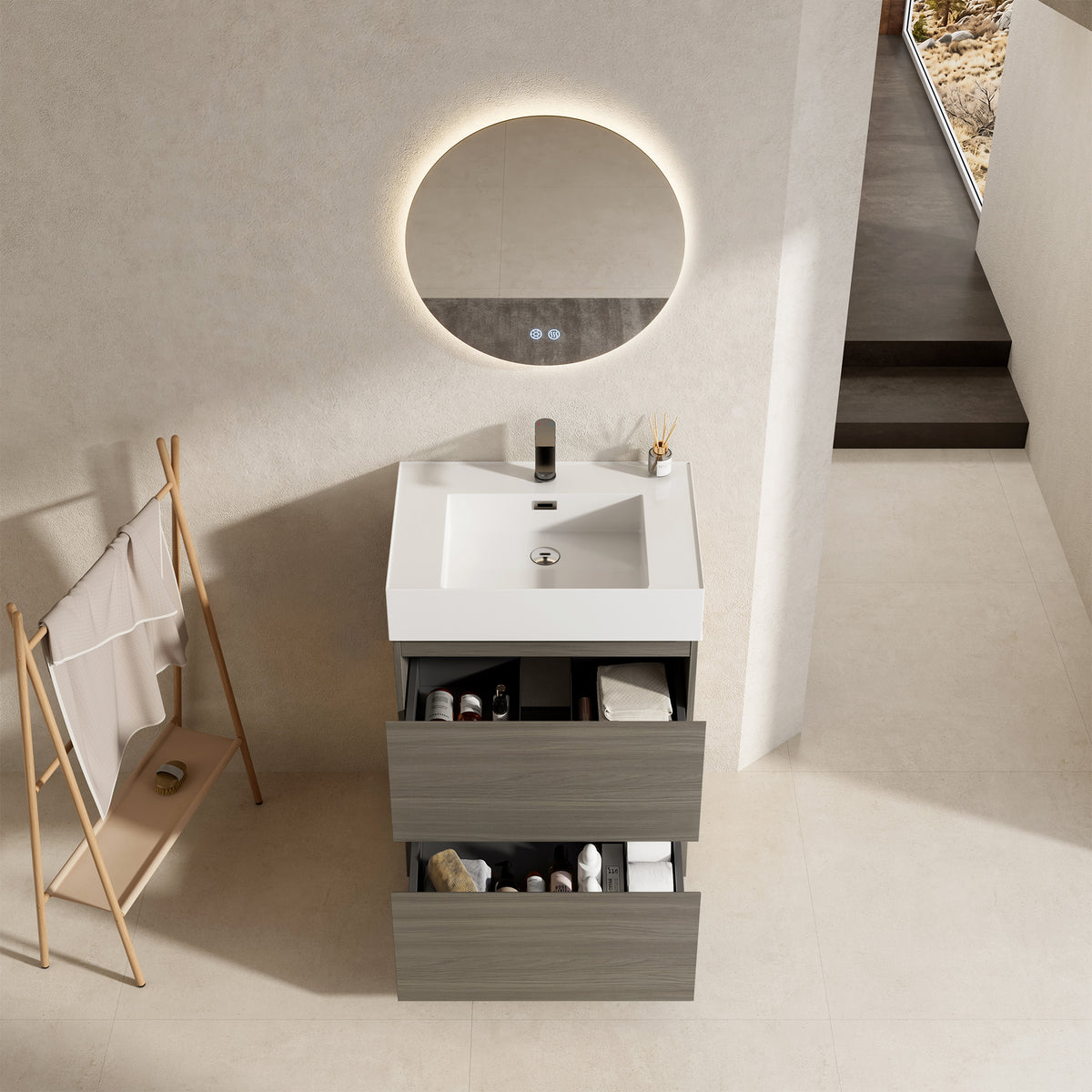 Mobile bagno a Terra 60 cm Beige Lavabo in Resina Specchio Quadro - Nube Wood