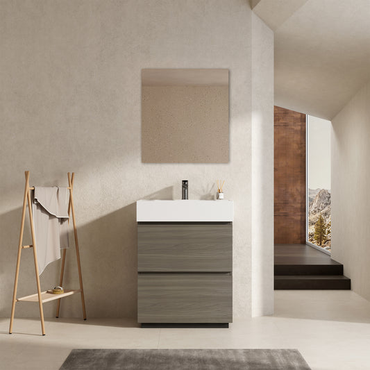 Mobile bagno a Terra 60 cm Beige Lavabo in Resina Specchio Tondo Retroilluminato - Nube Wood