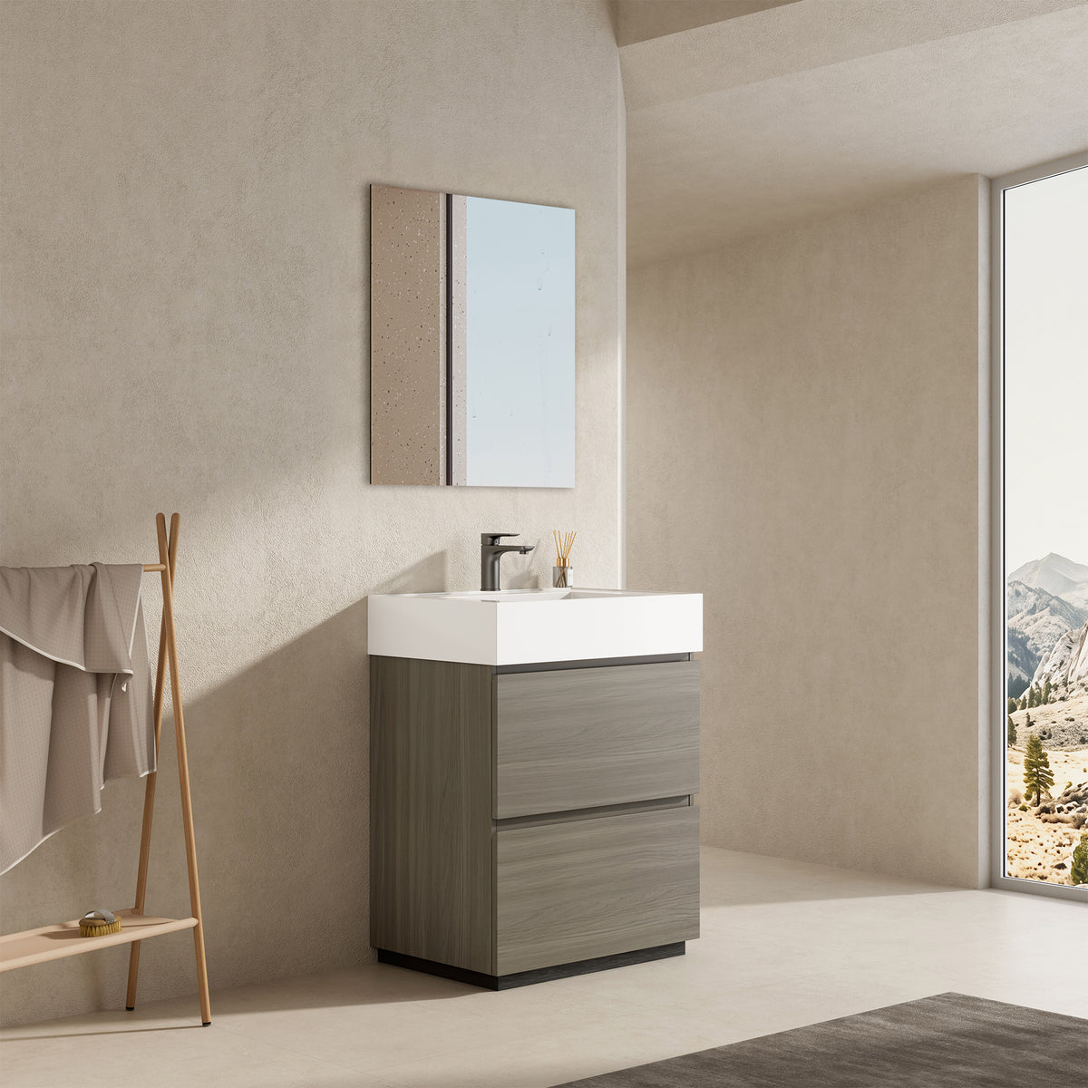 Mobile bagno a Terra 60 cm Beige Lavabo in Resina Specchio Tondo Retroilluminato - Nube Wood