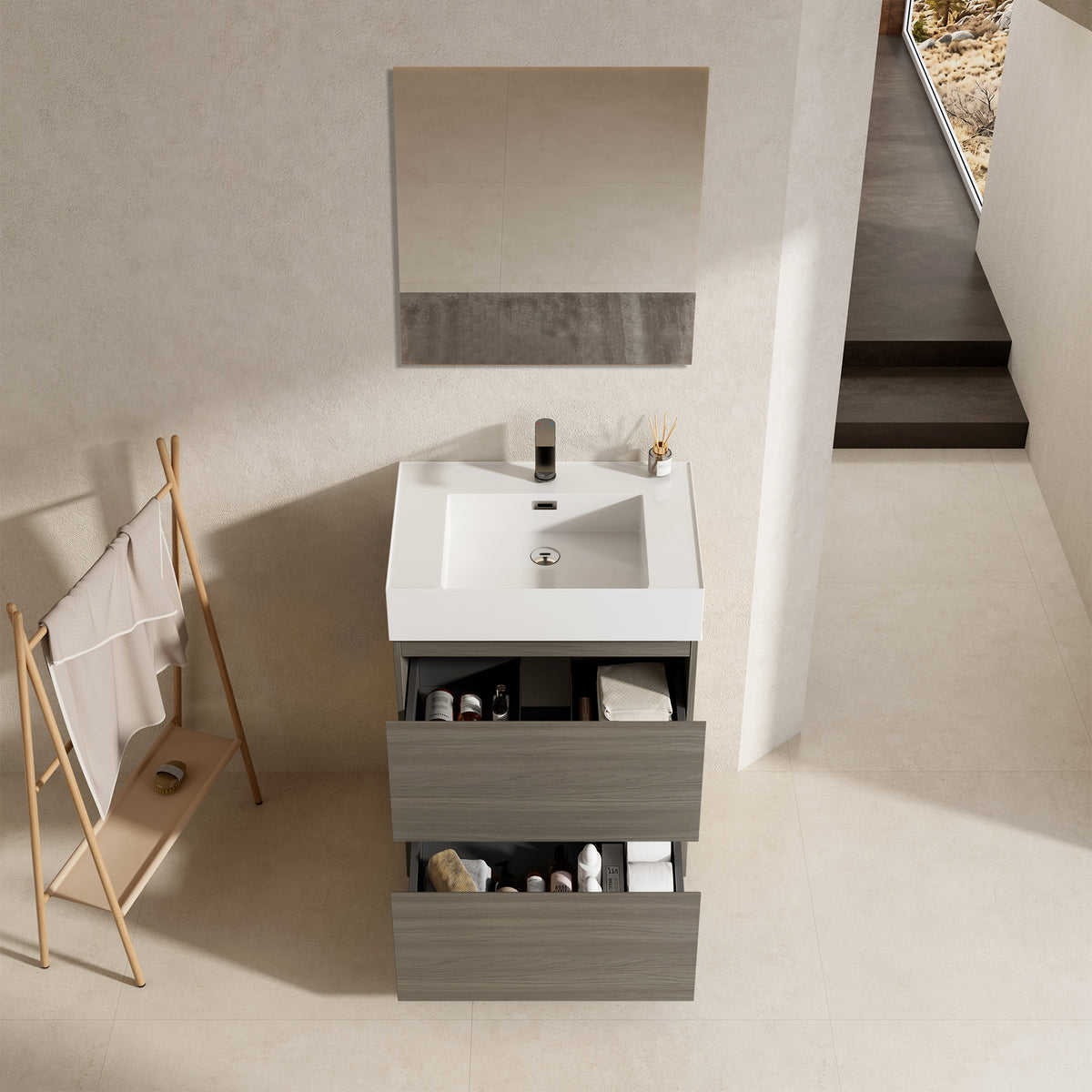 Mobile bagno a Terra 60 cm Beige Lavabo in Resina Specchio Tondo Retroilluminato - Nube Wood