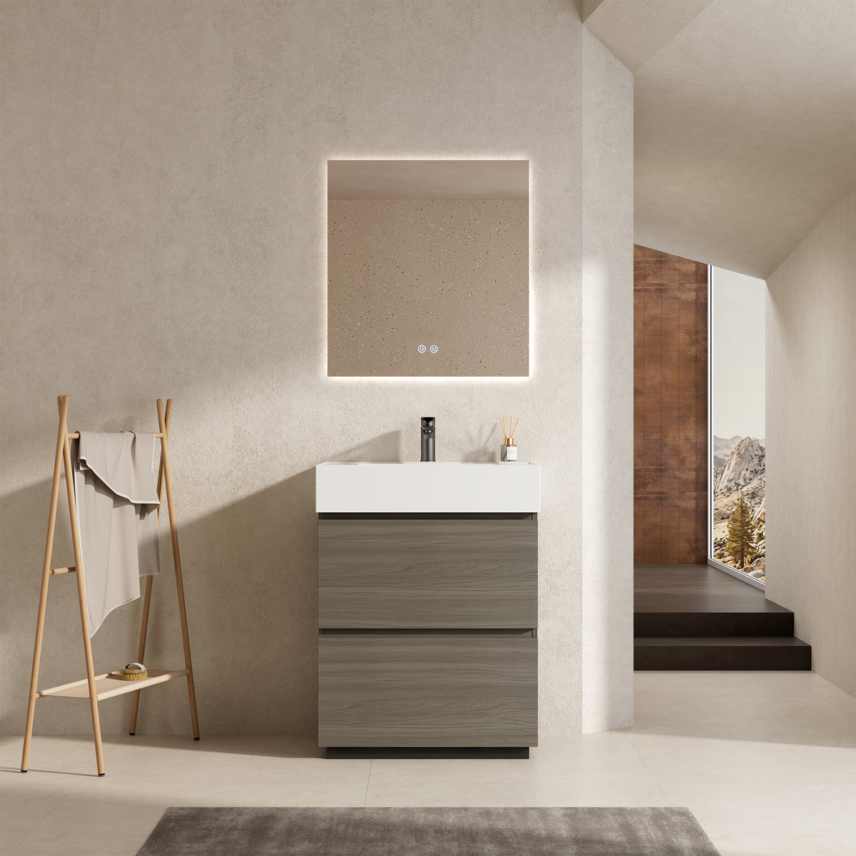 Mobile bagno a Terra 60 cm Beige Lavabo in Resina Specchio Quadro Retroilluminato - Nube Wood