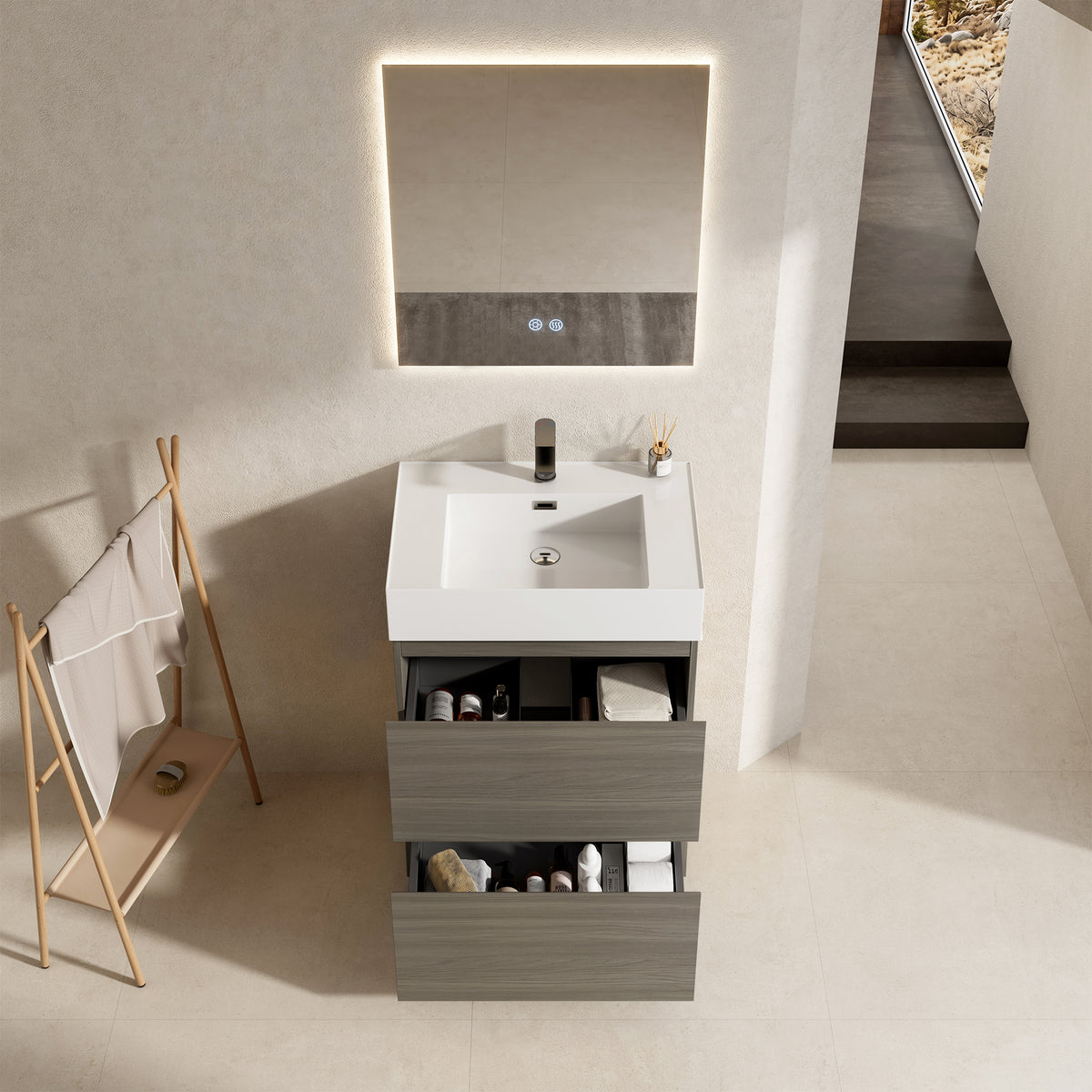 Mobile bagno a Terra 60 cm Beige Lavabo in Resina Specchio Quadro Retroilluminato - Nube Wood