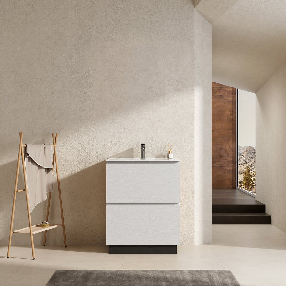 Mobile bagno a Terra 60 cm Bianco Lavabo in Ceramica Senza Specchio - Nube Wood