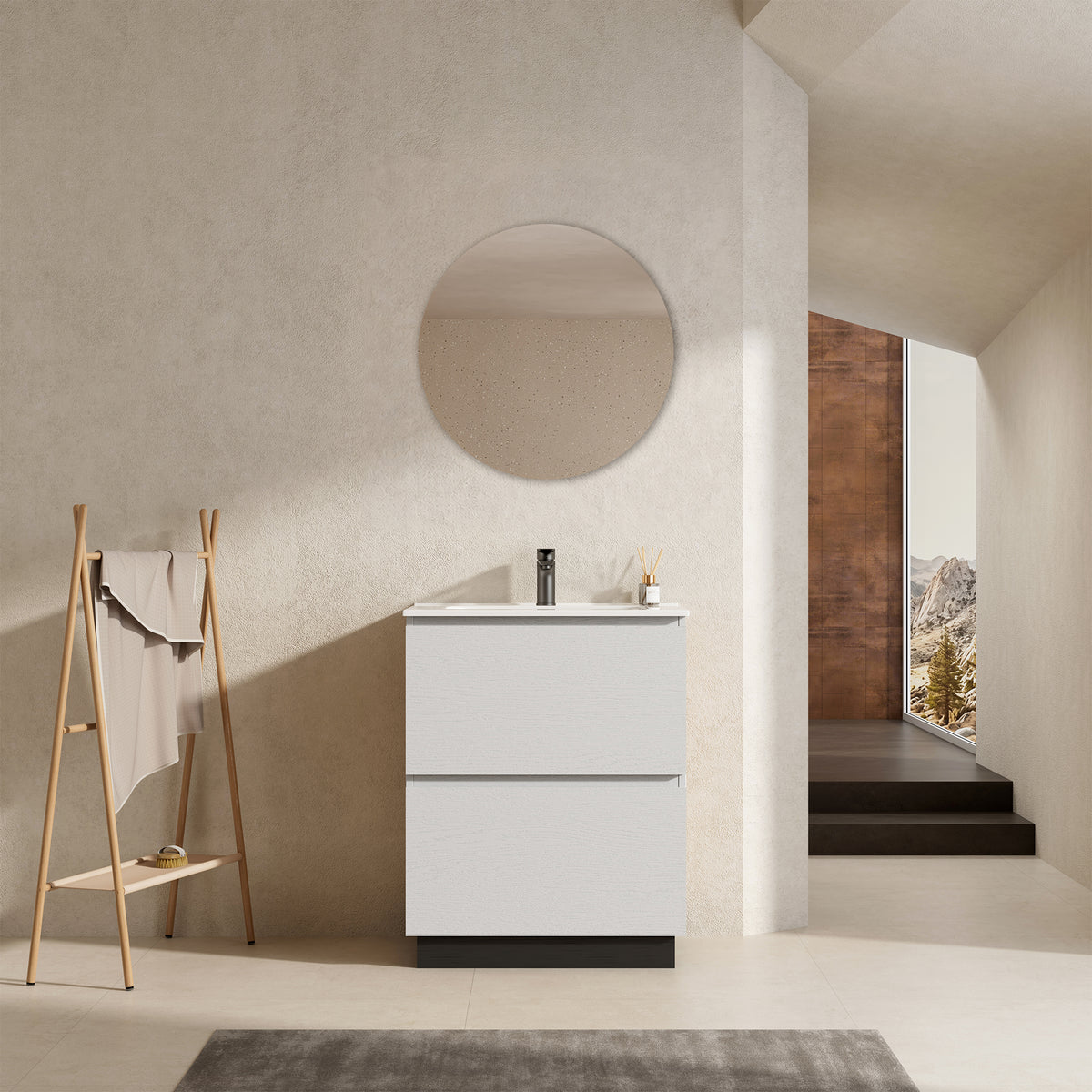Mobile bagno a Terra 60 cm Bianco Lavabo in Ceramica Specchio Tondo - Nube Wood