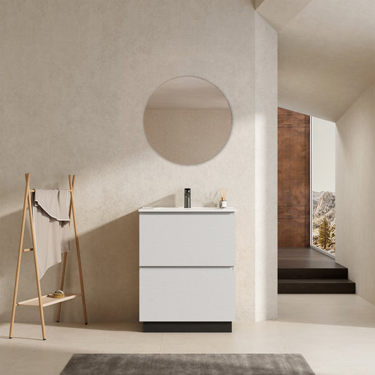 Mobile bagno a Terra 60 cm Bianco Lavabo in Ceramica Specchio Tondo - Nube Wood