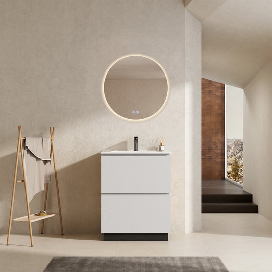 Mobile bagno a Terra 60 cm Bianco Lavabo in Ceramica Specchio Quadro - Nube Wood