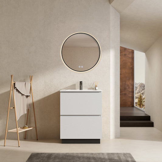 Mobile bagno a Terra 60 cm Bianco Lavabo in Ceramica Specchio Tondo Retroilluminato Profilo Nero - Nube Wood