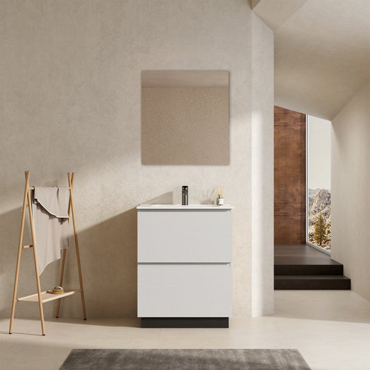 Mobile bagno a Terra 60 cm Bianco Lavabo in Ceramica Specchio Tondo Retroilluminato - Nube Wood