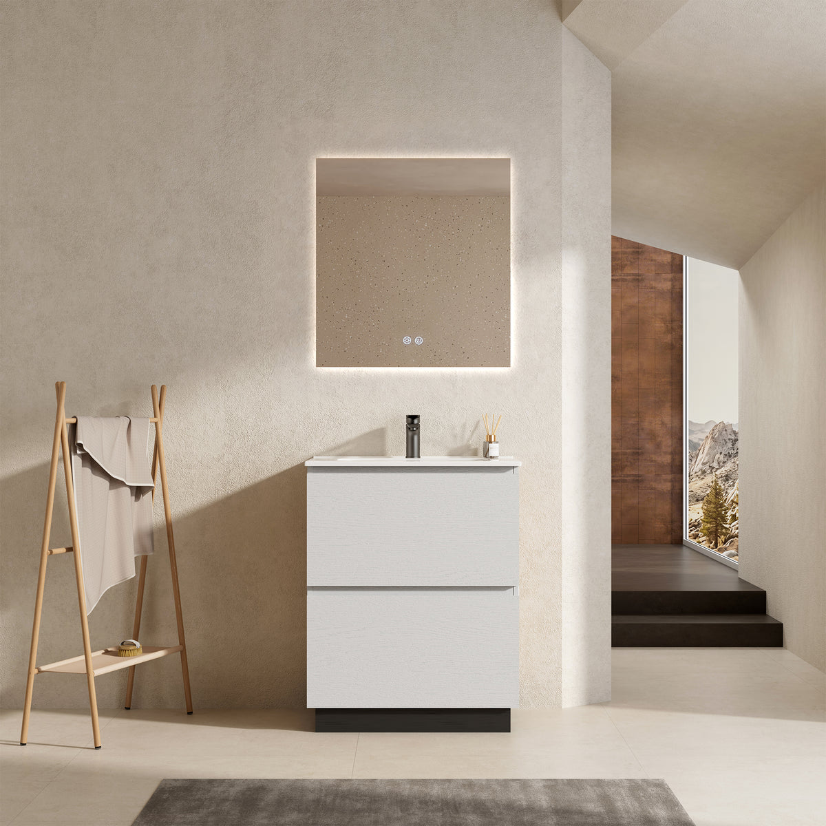Mobile bagno a Terra 60 cm Bianco Lavabo in Ceramica Specchio Quadro Retroilluminato - Nube Wood