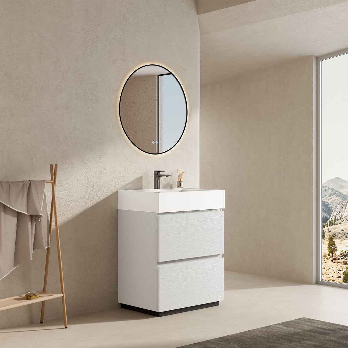 Mobile bagno a Terra 60 cm Bianco Lavabo in Resina Specchio Tondo Retroilluminato Profilo Nero - Nube Wood