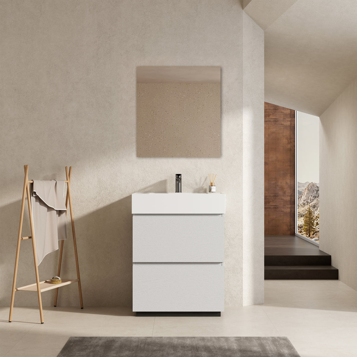 Mobile bagno a Terra 60 cm Bianco Lavabo in Resina Specchio Tondo Retroilluminato - Nube Wood