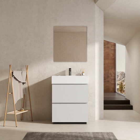 Mobile bagno a Terra 60 cm Bianco Lavabo in Resina Specchio Tondo Retroilluminato - Nube Wood
