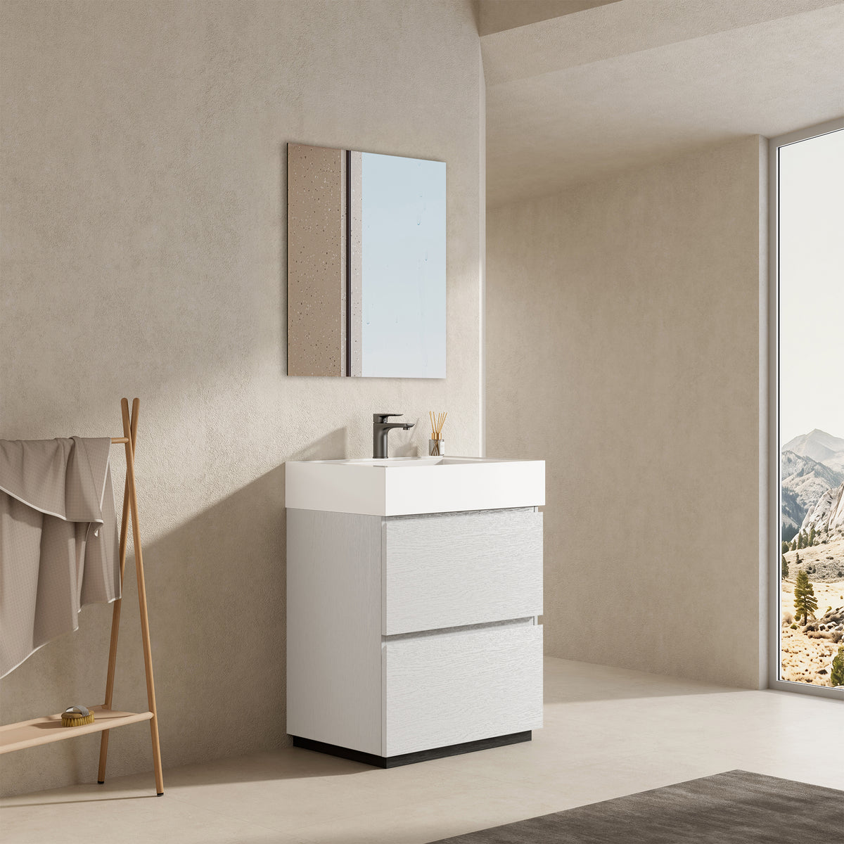 Mobile bagno a Terra 60 cm Bianco Lavabo in Resina Specchio Tondo Retroilluminato - Nube Wood