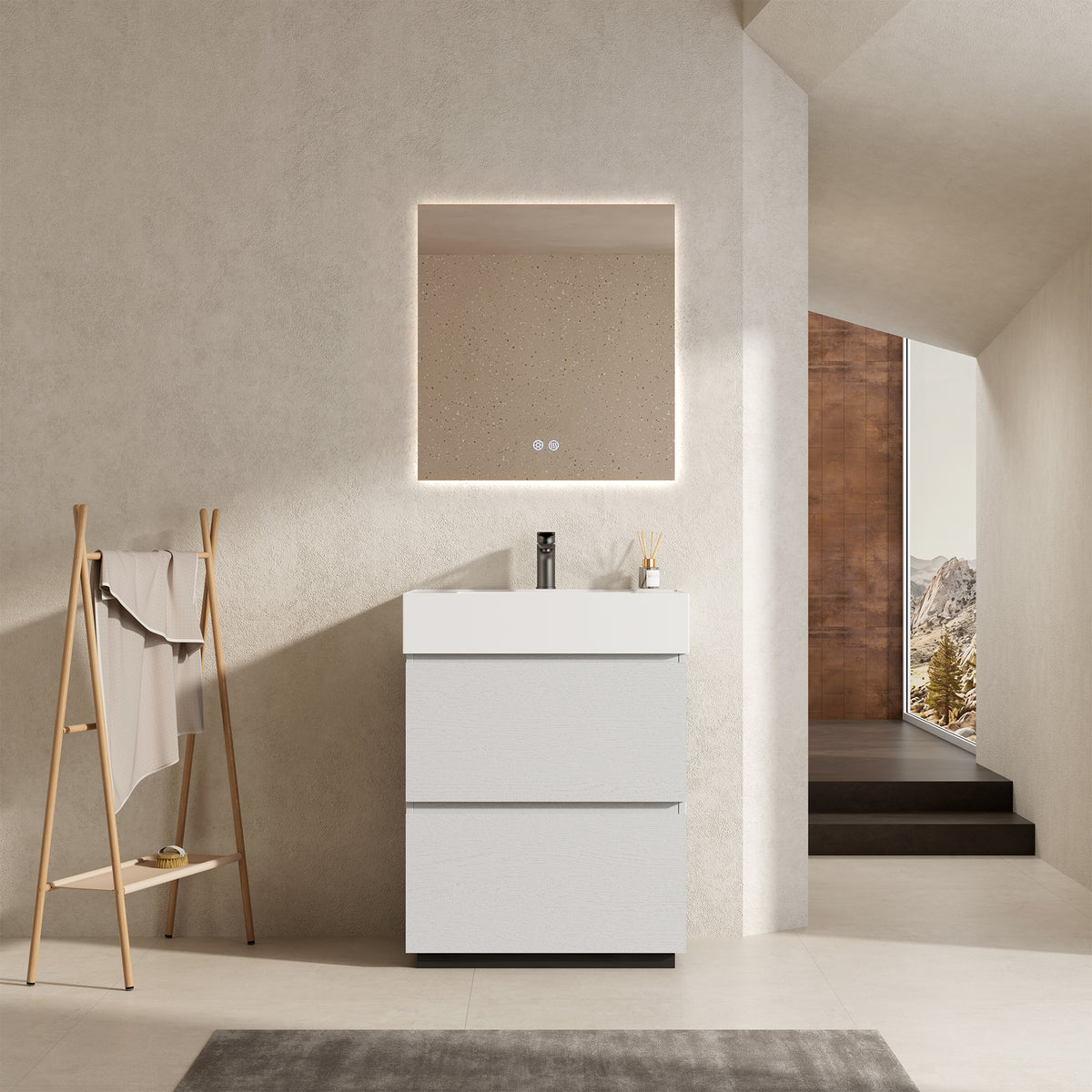 Mobile bagno a Terra 60 cm Bianco Lavabo in Resina Specchio Quadro Retroilluminato - Nube Wood