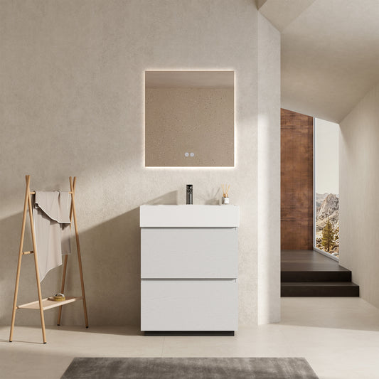 Mobile bagno a Terra 60 cm Bianco Lavabo in Resina Specchio Quadro Retroilluminato - Nube Wood