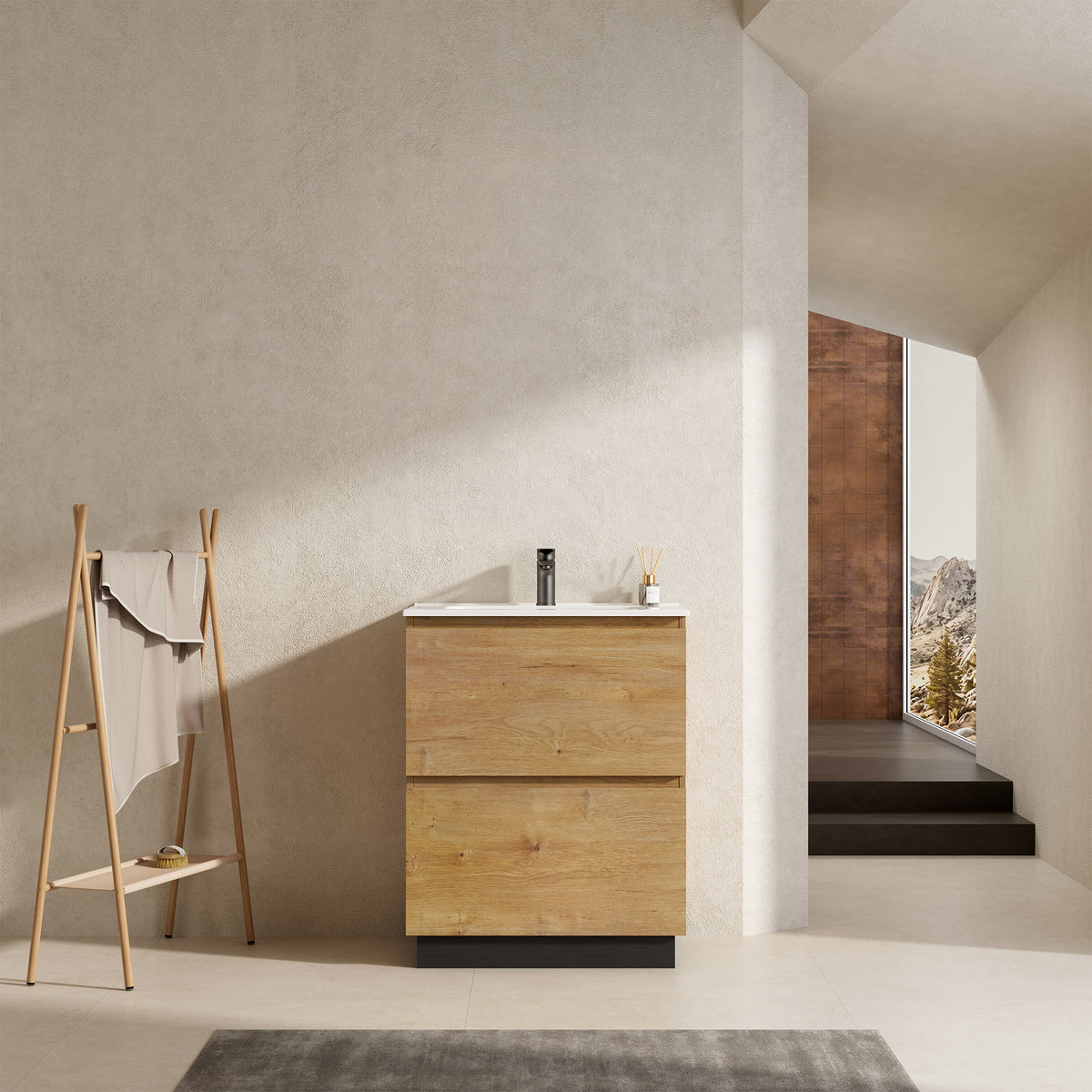 Mobile bagno a Terra 60 cm Bruno Medio Lavabo in Ceramica Senza Specchio - Nube Wood