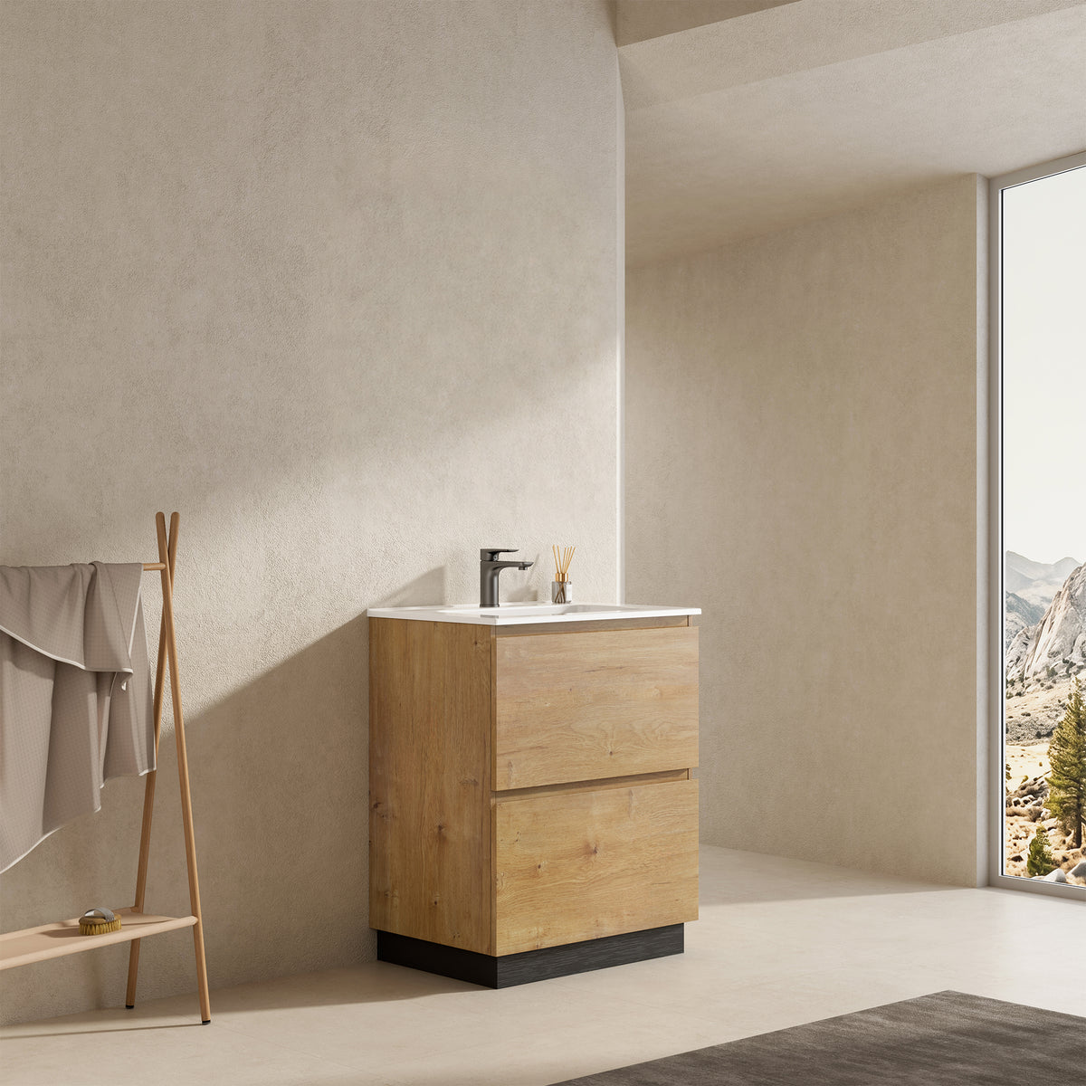 Mobile bagno a Terra 60 cm Bruno Medio Lavabo in Ceramica Senza Specchio - Nube Wood