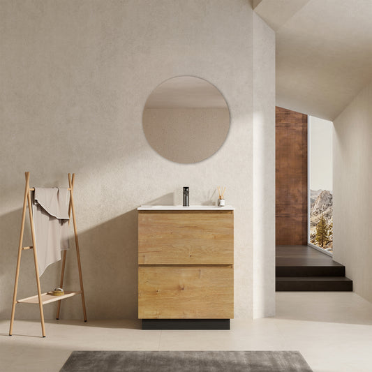 Mobile bagno a Terra 60 cm Bruno Medio Lavabo in Ceramica Specchio Tondo - Nube Wood