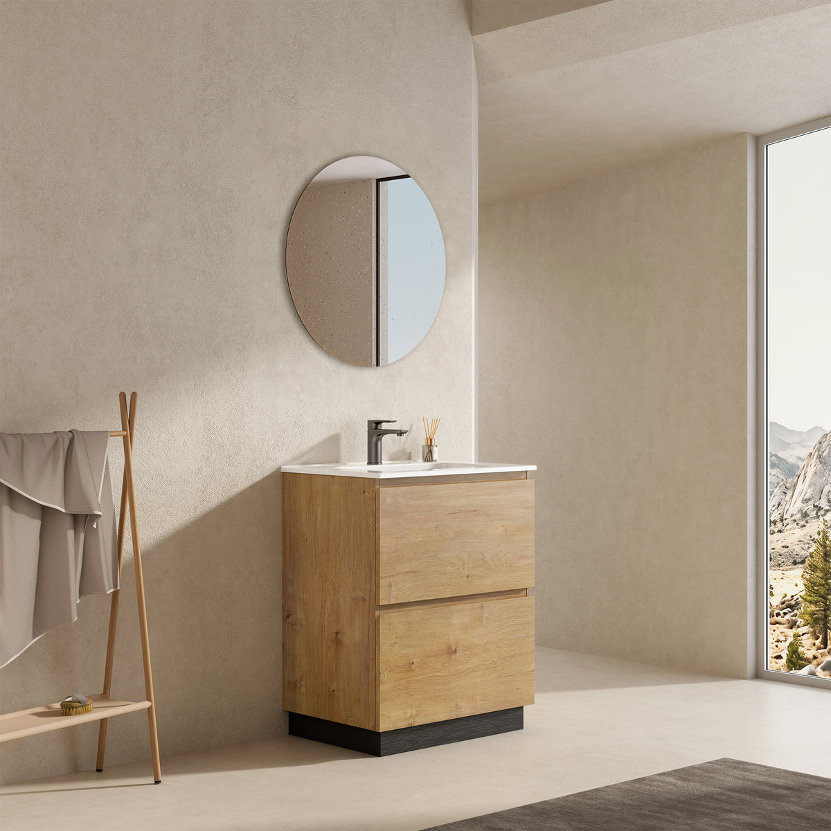 Mobile bagno a Terra 60 cm Bruno Medio Lavabo in Ceramica Specchio Tondo - Nube Wood
