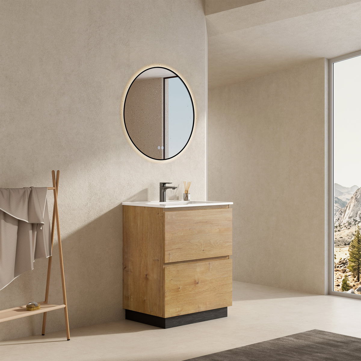 Mobile bagno a Terra 60 cm Bruno Medio Lavabo in Ceramica Specchio Tondo Retroilluminato Profilo Nero - Nube Wood