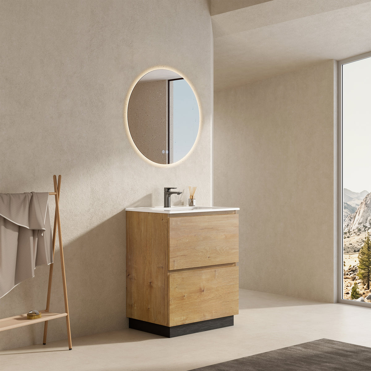 Mobile bagno a Terra 60 cm Bruno Medio Lavabo in Ceramica Specchio Quadro - Nube Wood