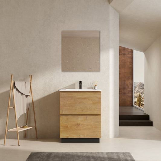 Mobile bagno a Terra 60 cm Bruno Medio Lavabo in Ceramica Specchio Tondo Retroilluminato - Nube Wood