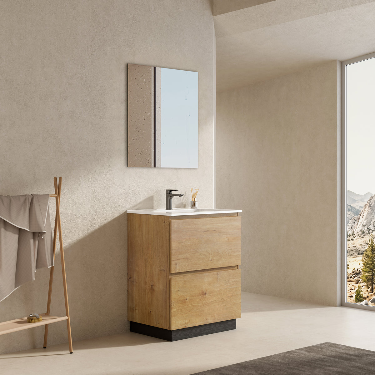 Mobile bagno a Terra 60 cm Bruno Medio Lavabo in Ceramica Specchio Tondo Retroilluminato - Nube Wood