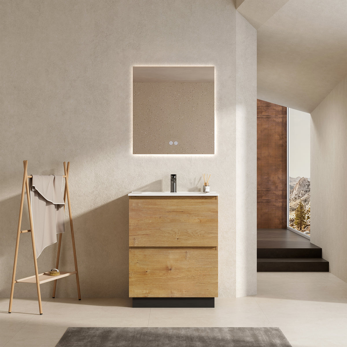 Mobile bagno a Terra 60 cm Bruno Medio Lavabo in Ceramica Specchio Quadro Retroilluminato - Nube Wood