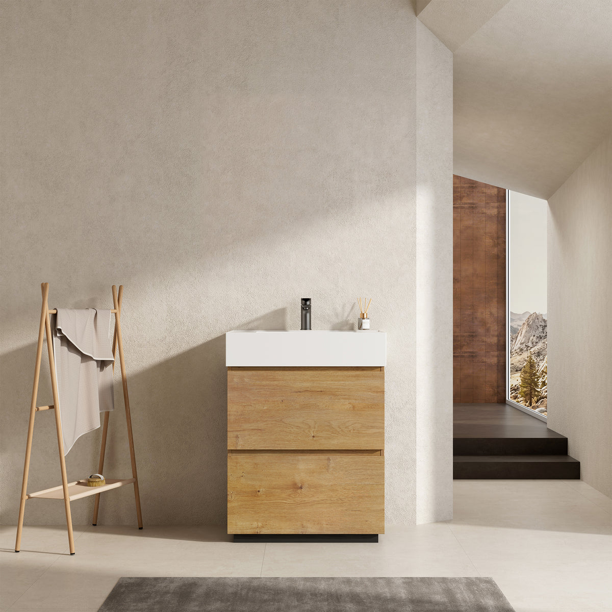 Mobile bagno a Terra 60 cm Bruno Medio Lavabo in Resina Senza Specchio - Nube Wood