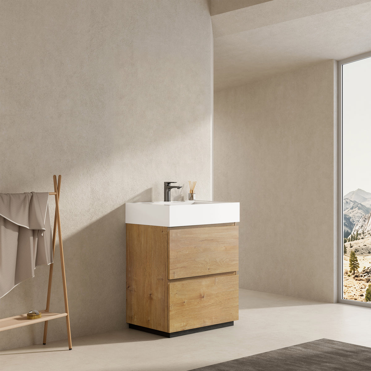 Mobile bagno a Terra 60 cm Bruno Medio Lavabo in Resina Senza Specchio - Nube Wood