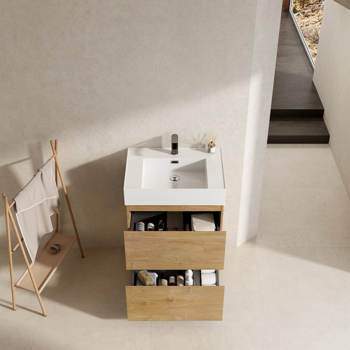 Mobile bagno a Terra 60 cm Bruno Medio Lavabo in Resina Senza Specchio - Nube Wood