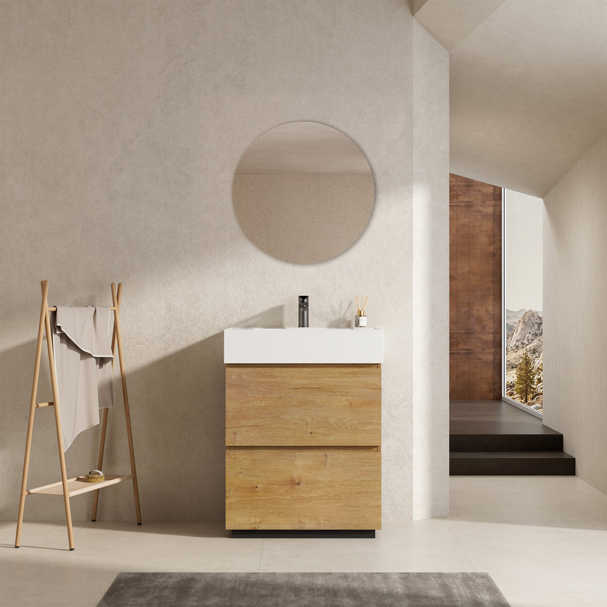 Mobile bagno a Terra 60 cm Bruno Medio Lavabo in Resina Specchio Tondo - Nube Wood