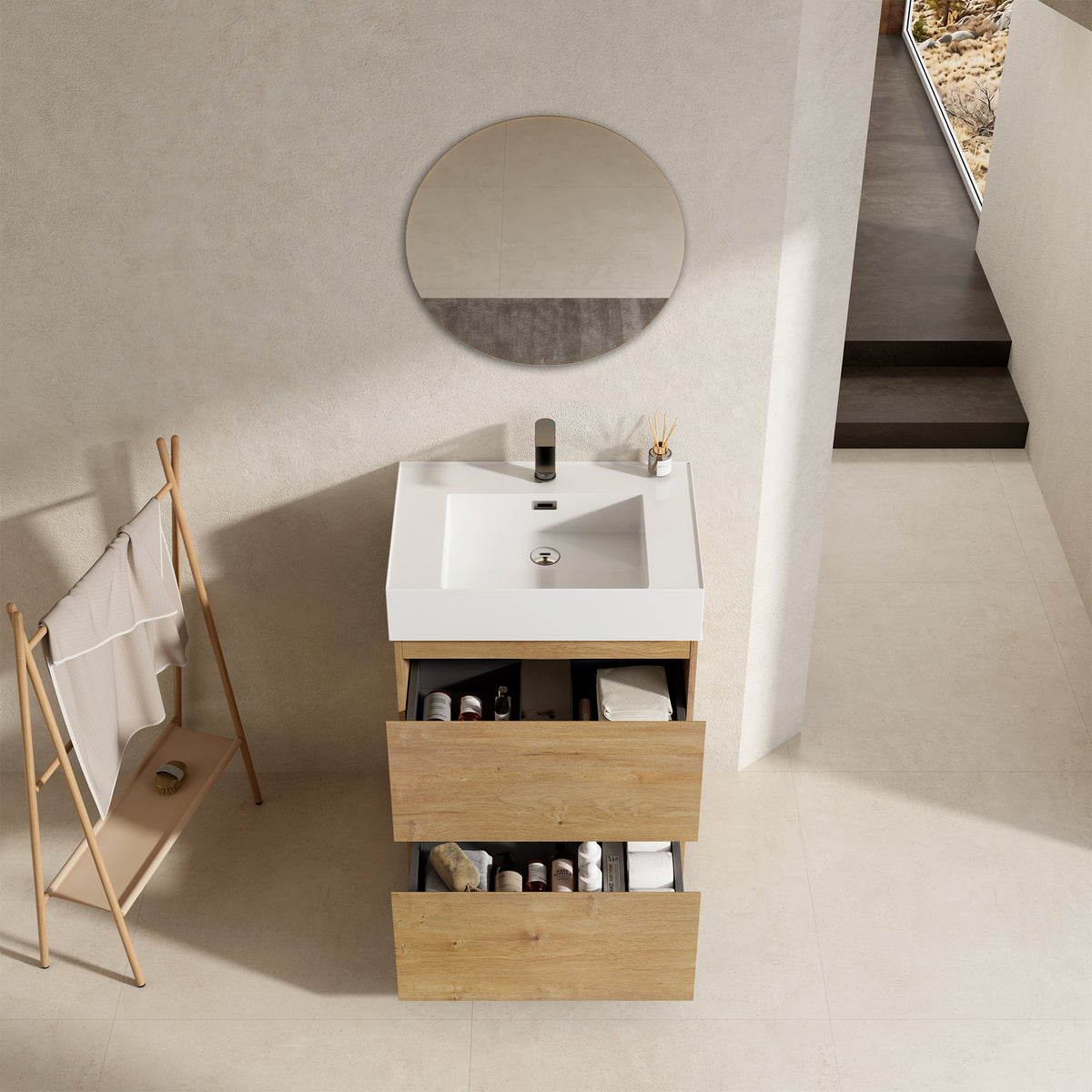 Mobile bagno a Terra 60 cm Bruno Medio Lavabo in Resina Specchio Tondo - Nube Wood