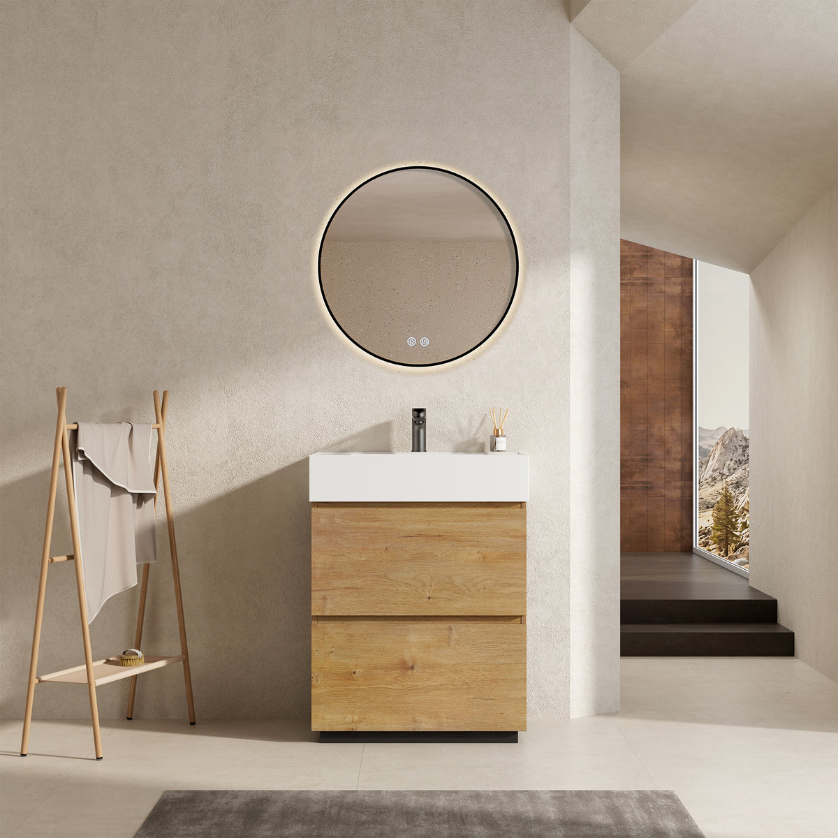 Mobile bagno a Terra 60 cm Bruno Medio Lavabo in Resina Specchio Tondo Retroilluminato Profilo Nero - Nube Wood